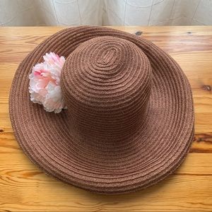 Wide brim floppy beach hat with pink flower